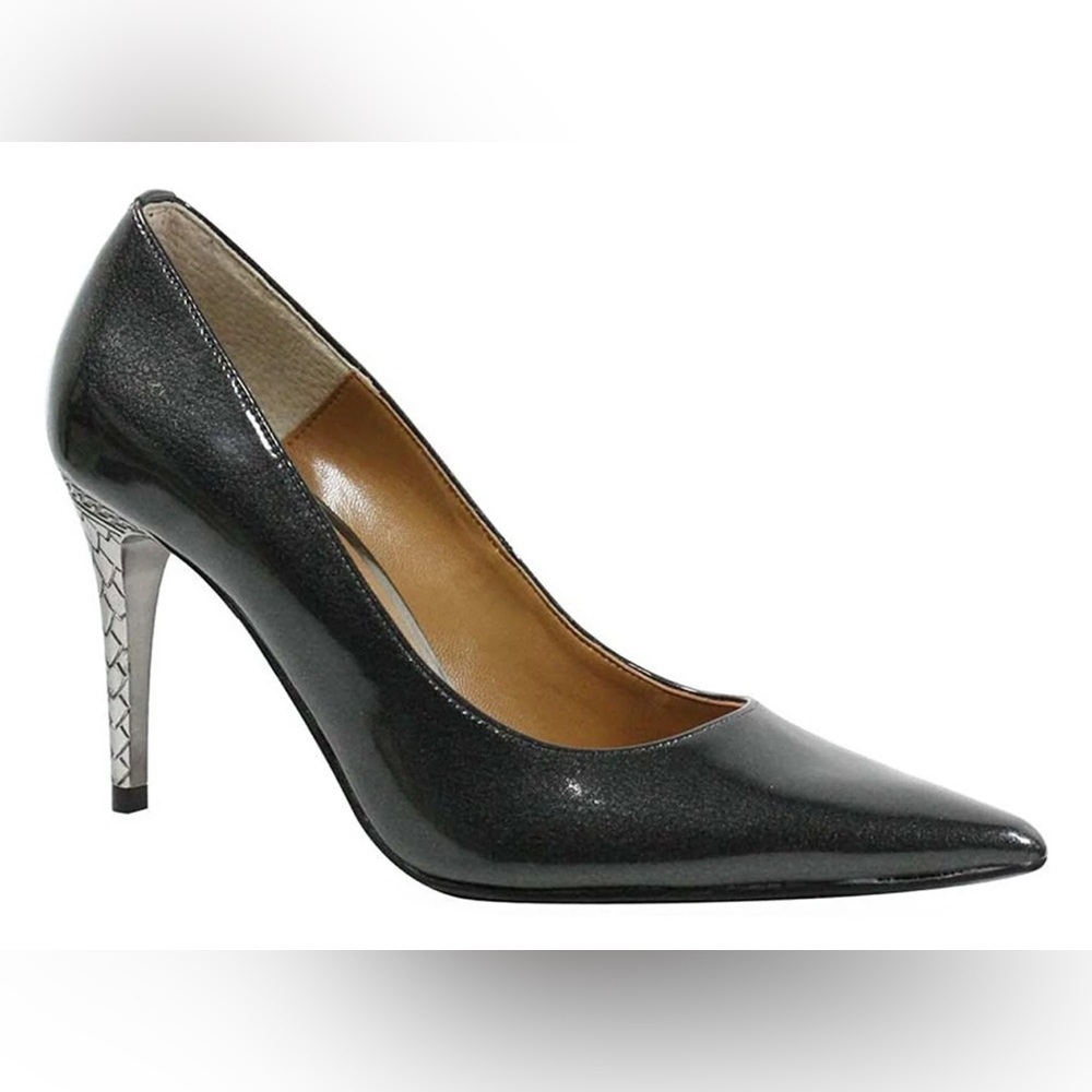 J. Renee’ Maressa Smoke Gray Patent Leather Ornate Heel Pointed Toe Pump - Sz 6